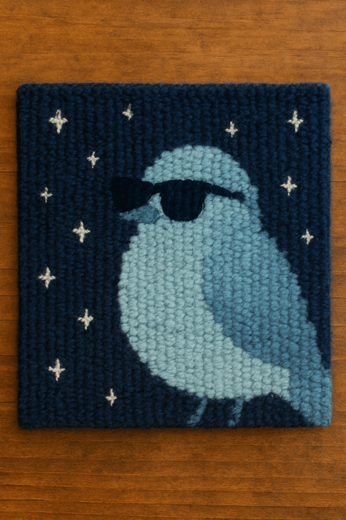 Deze foto toont een handgeweven wandkleedje met een speels en modern ontwerp. Op het kleedje is een gestileerde lichtblauwe vogel te zien, die stoer een zwarte zonnebril draagt. De achtergrond is donkerblauw en bezaaid met kleine witte sterren, wat een nachtelijke, dromerige sfeer creëert. De grove, zichtbare weefstructuur benadrukt het handwerk en geeft het stuk een warme, ambachtelijke uitstraling. Het geheel ligt op een houten oppervlak, waardoor de kleuren en texturen mooi tot hun recht komen.
